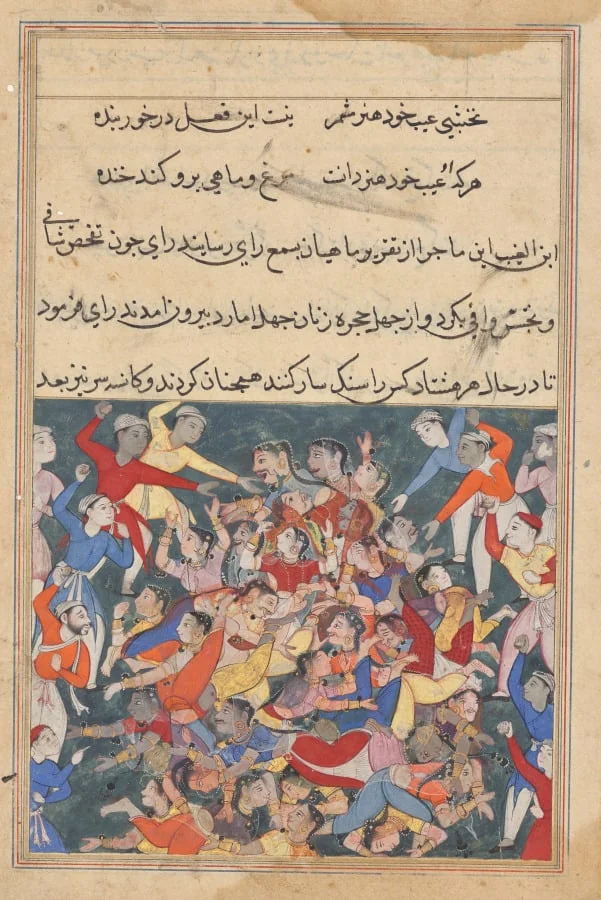 The forty wives and their secret paramours being punished by stoning to death, from a Tuti-nama (Tales of a Parrot): Twenty-third Night, detail