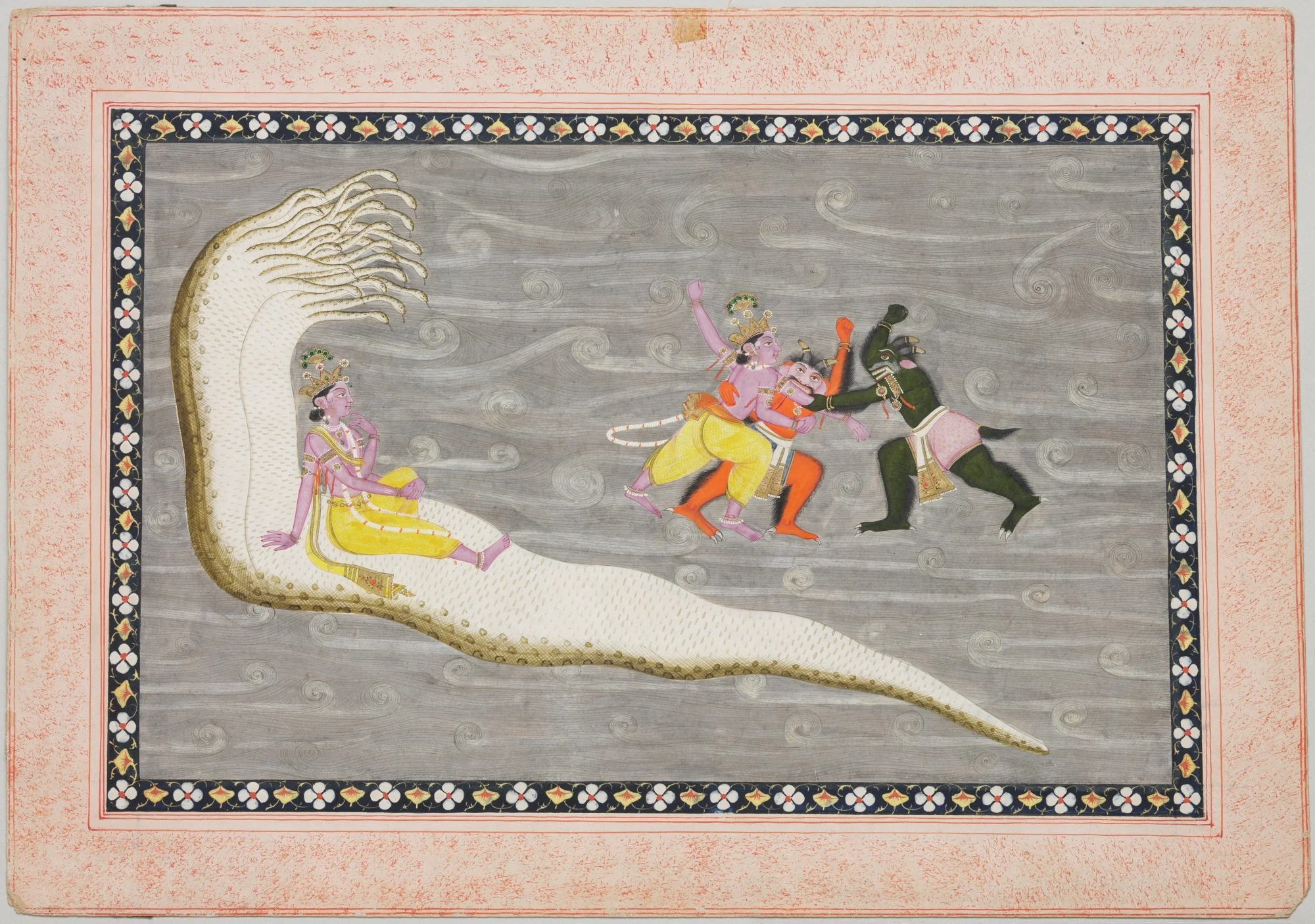 Vishnu on Serpent Shesha and Vishnu Battling Demons Madhu and Kaitabha, detail