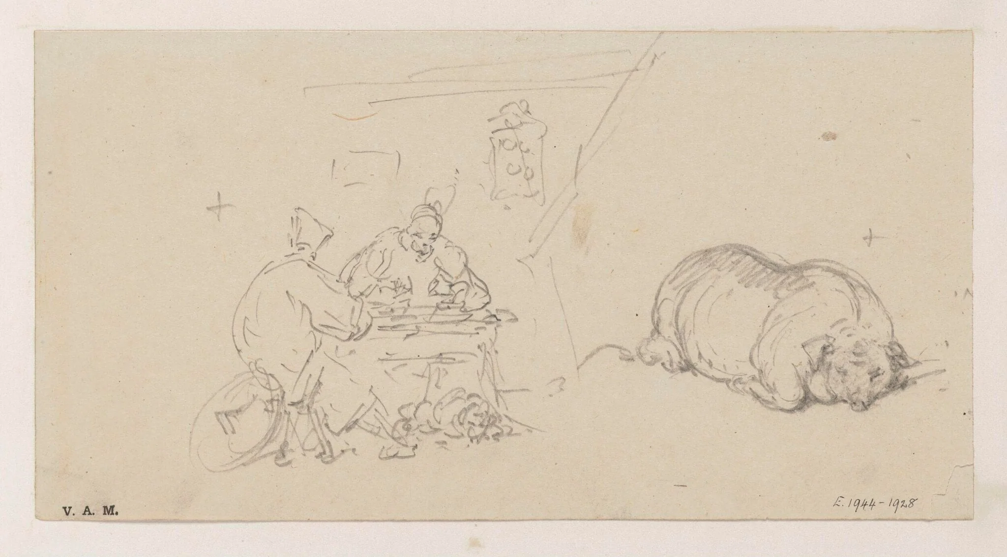 Two figures seated at a stall, and a pig, detail