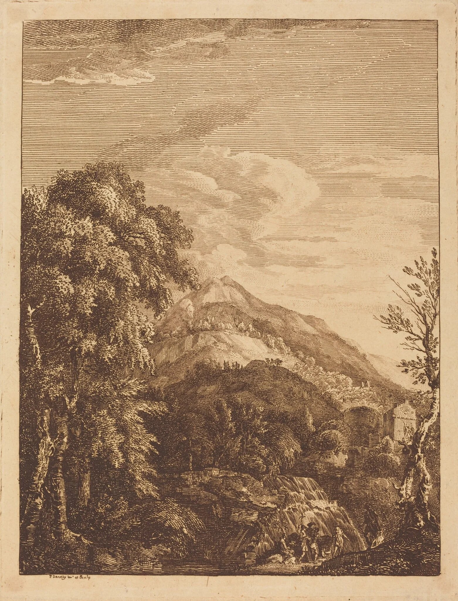 Mountainous Landscape with a Waterfall, Round Tower, Castle, and Banditti, detail