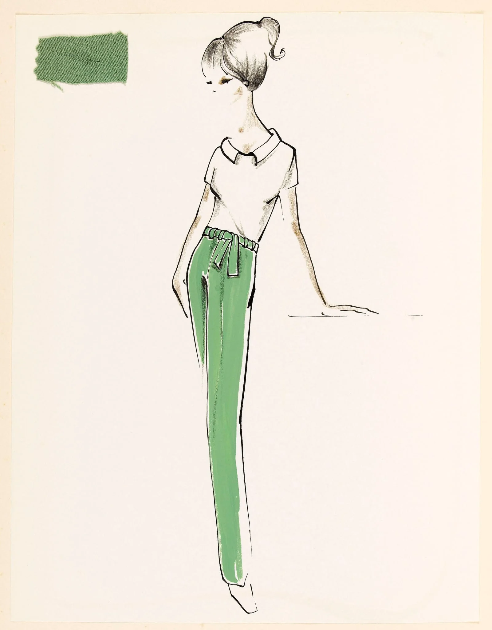 Haut blanc à manches courtes et pantalon vert à ceinture nouée, detail