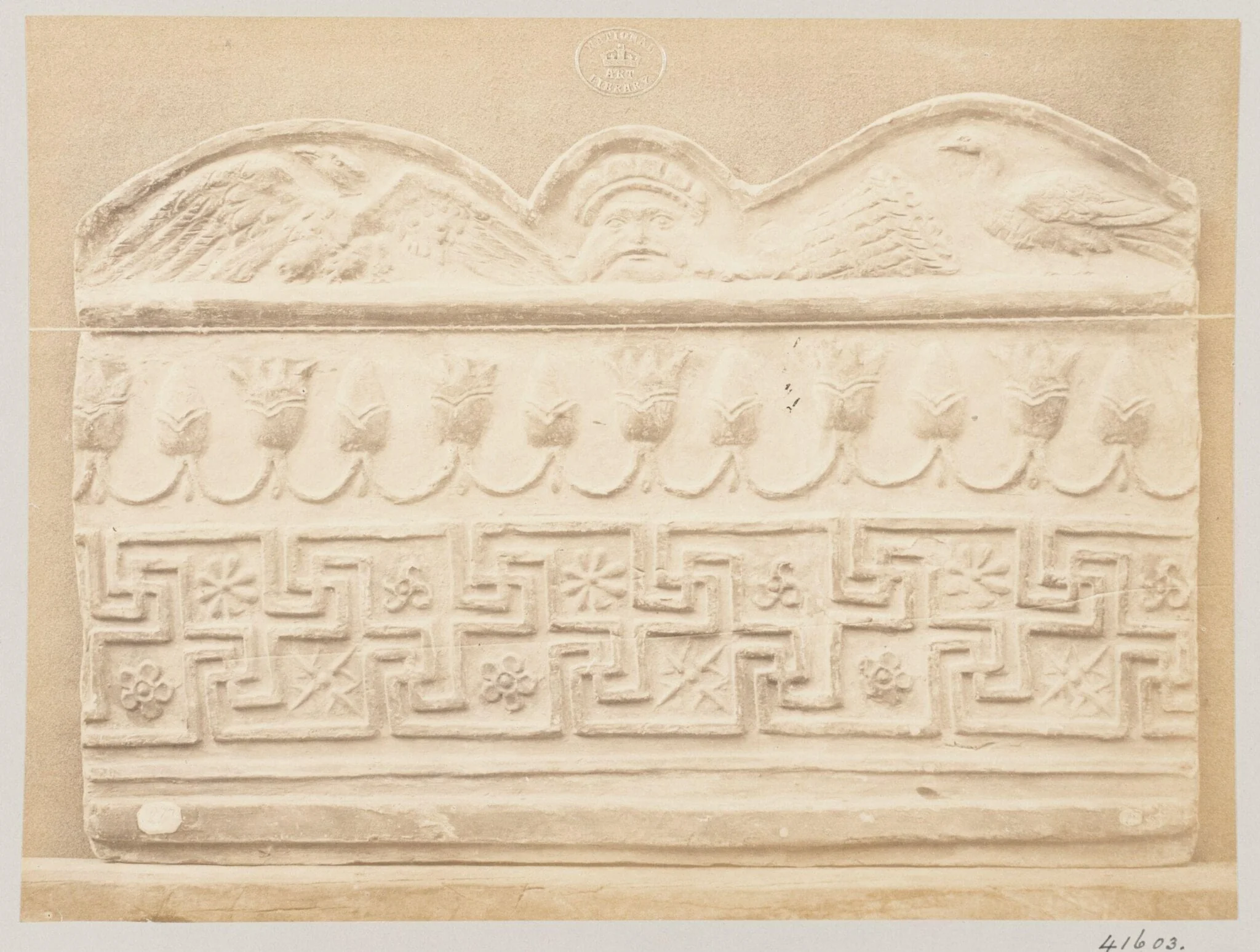 Bas-relief of Palmette and Meandres in terra cotta, detail