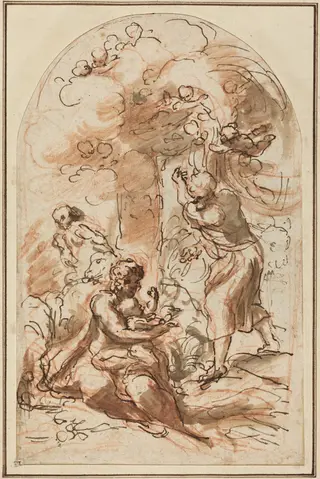 Study for the "Madonna della Scodella" [recto], by Antonio da Correggio, ink, 1524