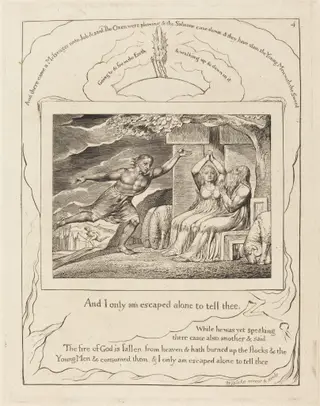 The Messengers Tell Job of His Misfortunes, by William Blake, ink, 1825
