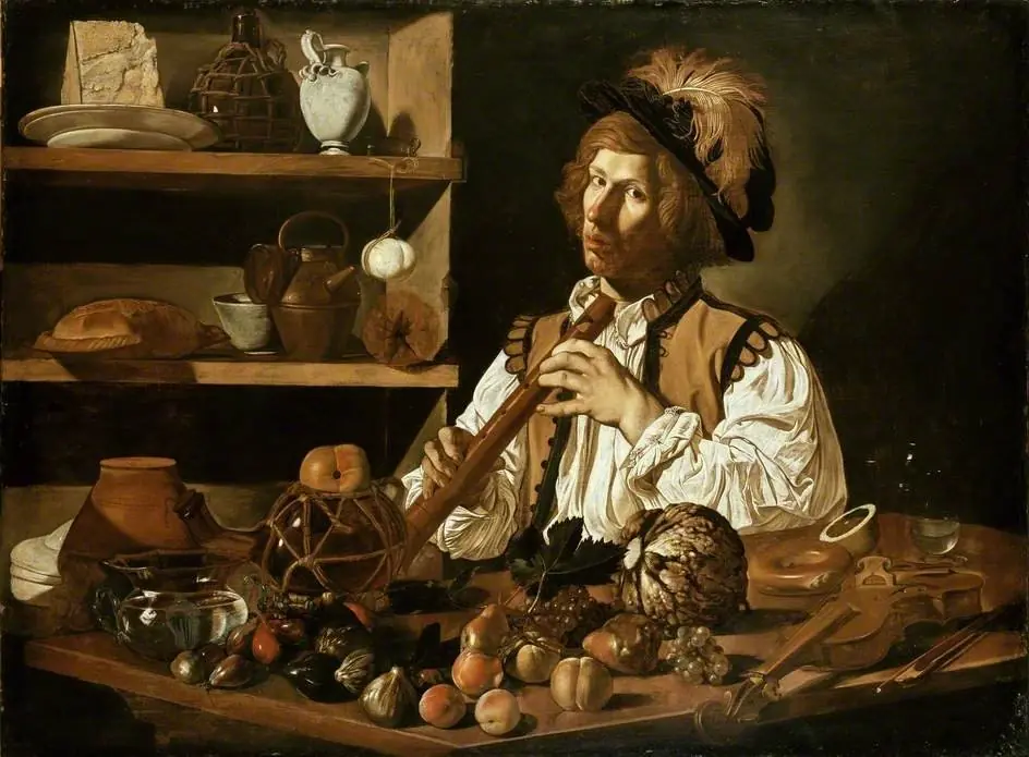 Interior with a young Man holding a Recorder, by Cecco del Caravaggio
