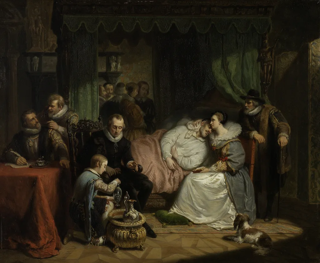 Prince William I after the failed Assassination Attempt by Jean Jaurequi in 1582, Nursed by Charlotte de Bourbon, by Nicolaas Pieneman, oil, 1840
