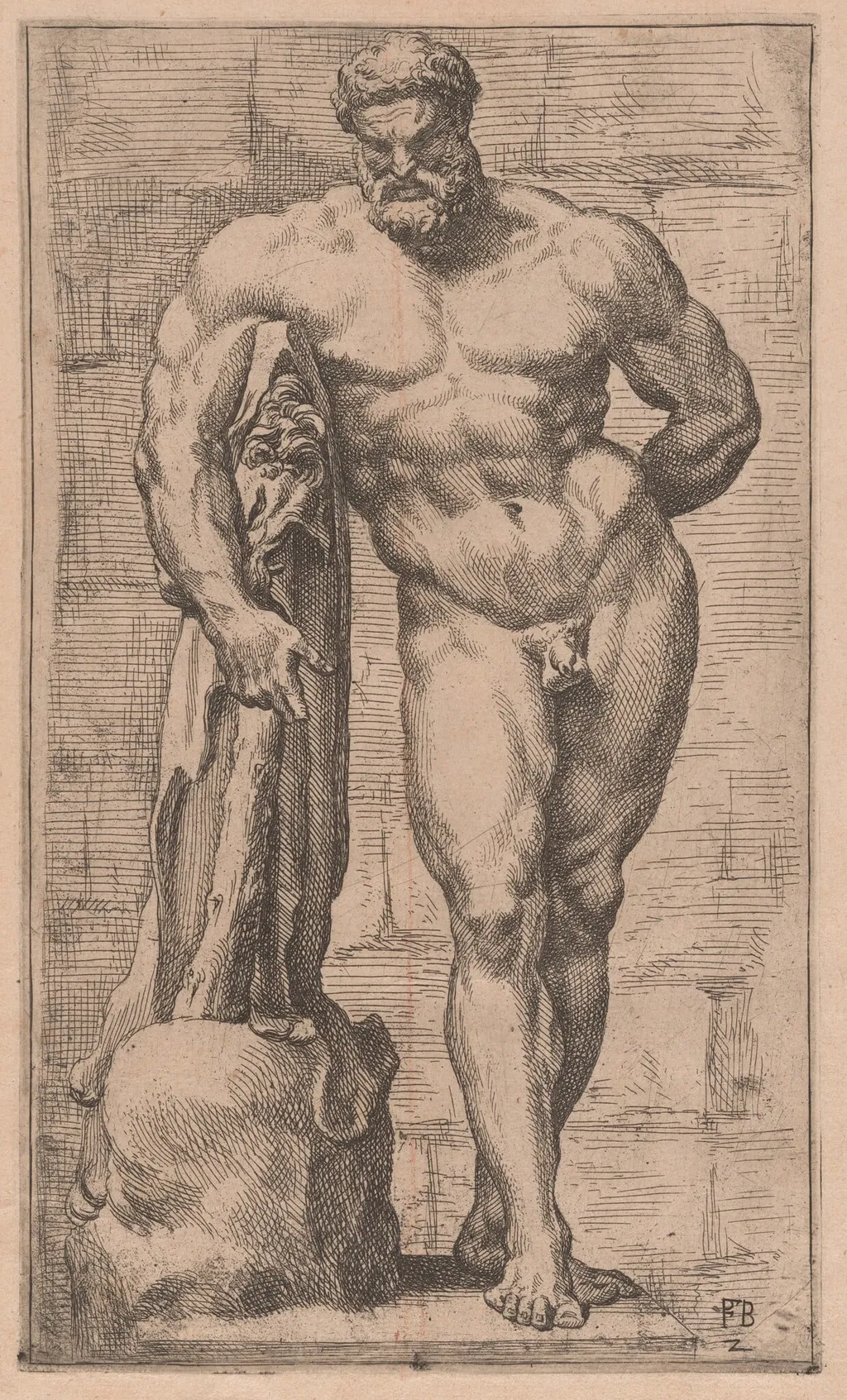 The Farnese Hercules, front view [plate 2], by François Perrier, ink, 1638