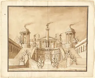 Fantasy of an Ancient Capitol with Trophies and Grand Staircases, by Pietro Gonzaga, ink, 1800
