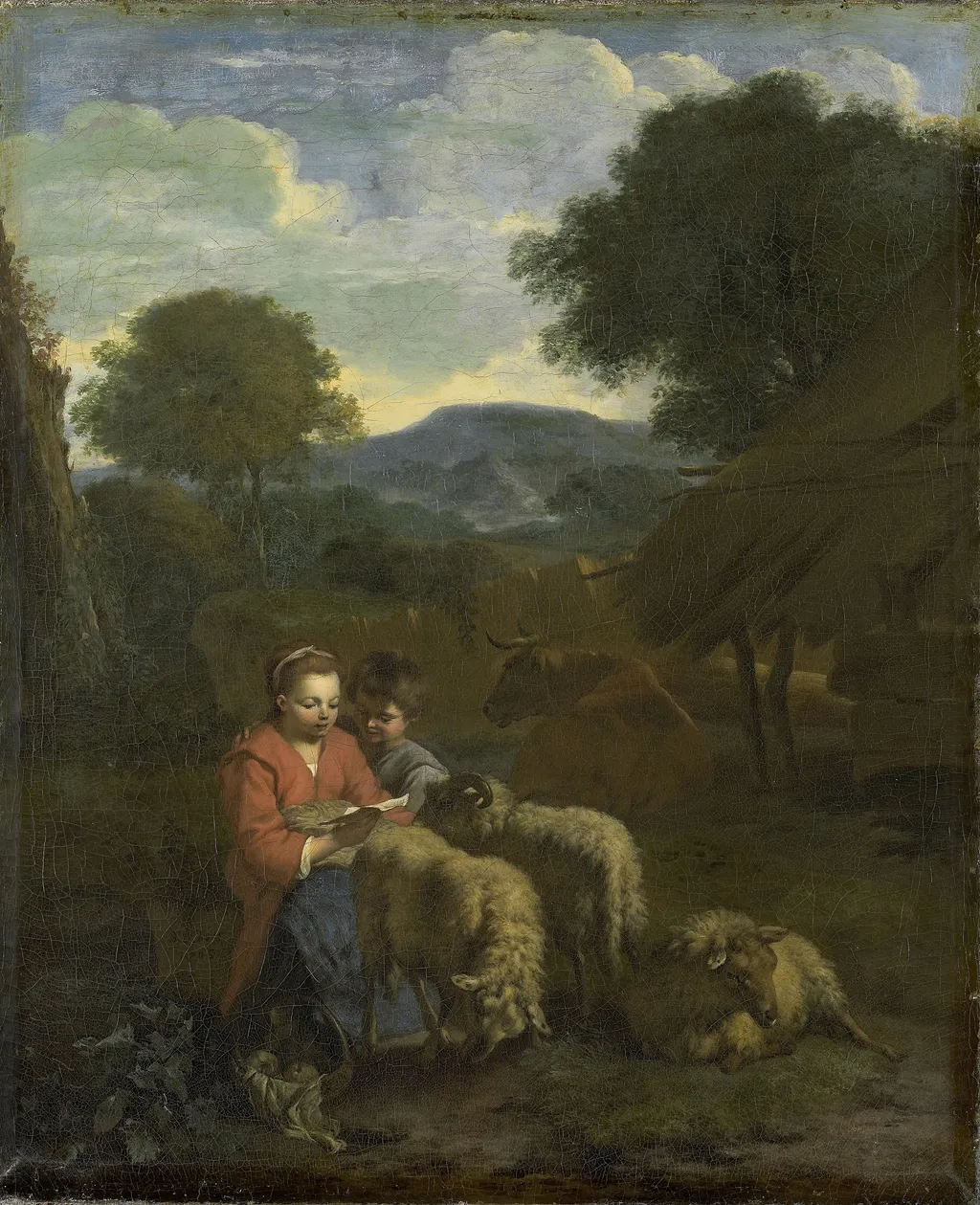 Sheperdess reading, by Simon van der Does, oil, 1706