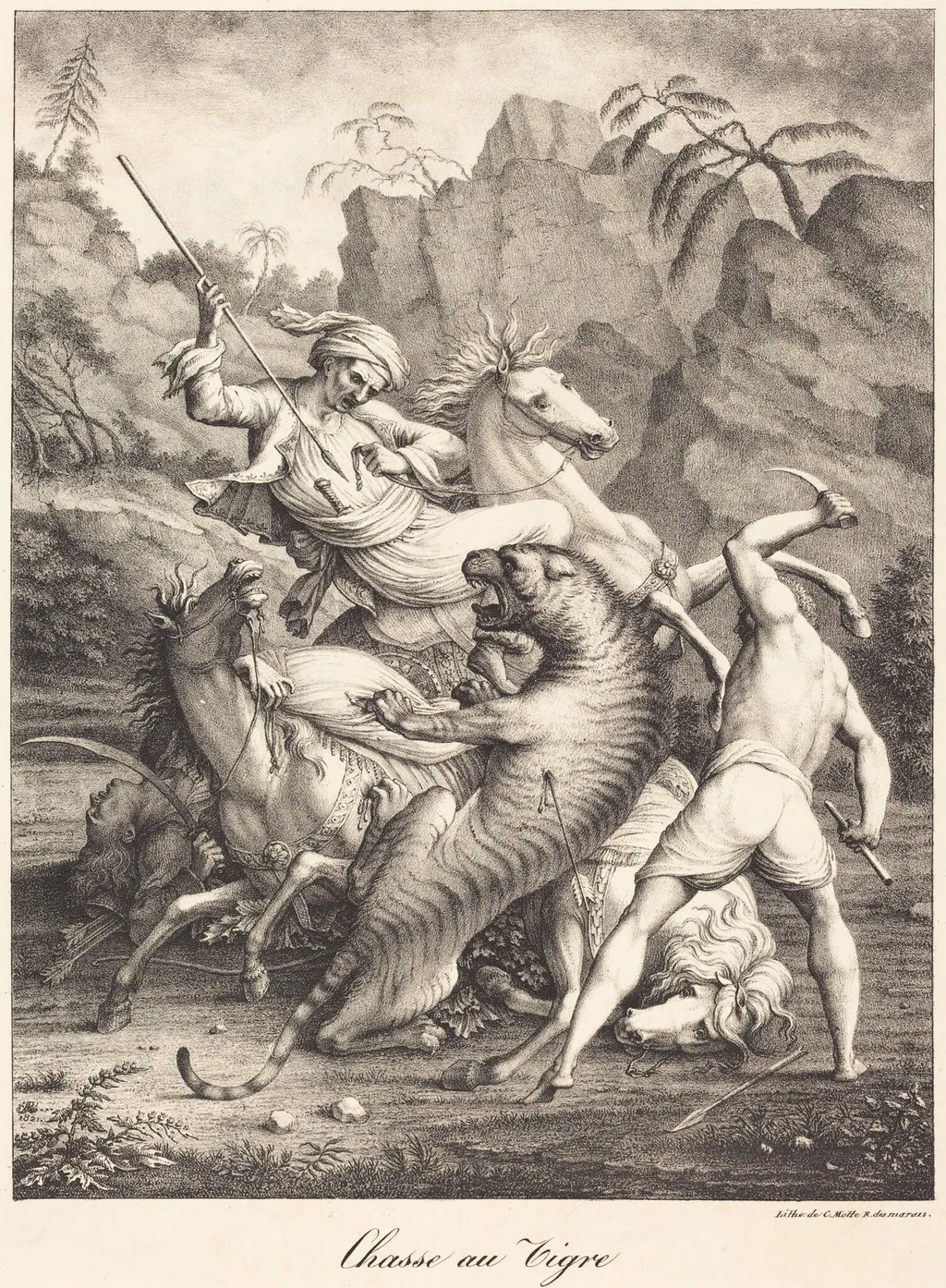 Tiger Hunt, by Charles Etienne Pierre Motte, ink, 1821