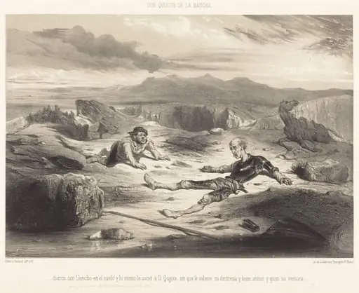 ...dieron con Sancho en el suelo y lo mismo le avinó d D. Quixote..., by Célestin Nanteuil