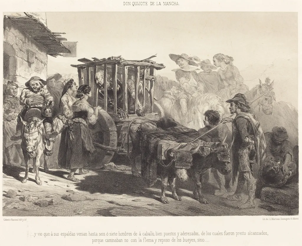 ...y vio que à sus espaldas venian hasta seis ó siete hombres..., by Célestin Nanteuil, ink, 1855