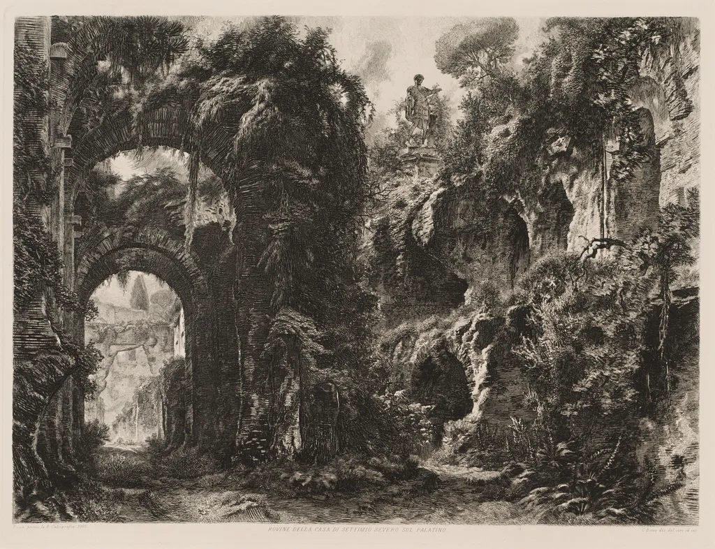 Ruins of the House of Septimius Severus on the Palatine (Rovine della casa di S.S. sul Palatino ), by Cesare Biseo, ink, 1900