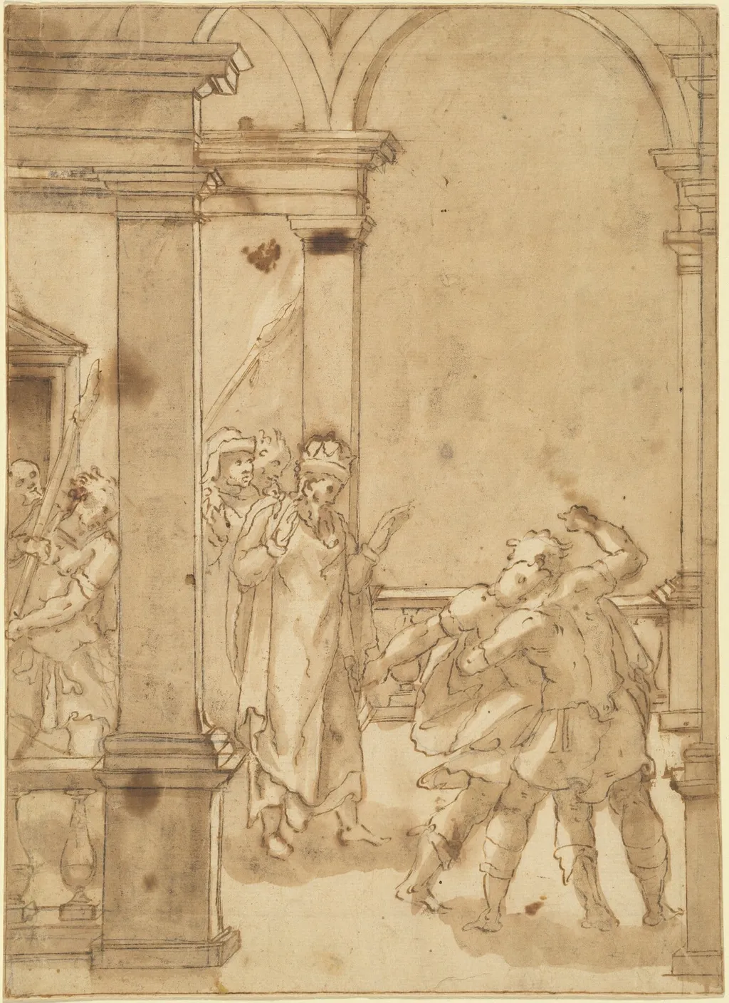 Two Figures Struggling before a King, by Cesare Nebbia, chalk, 1568