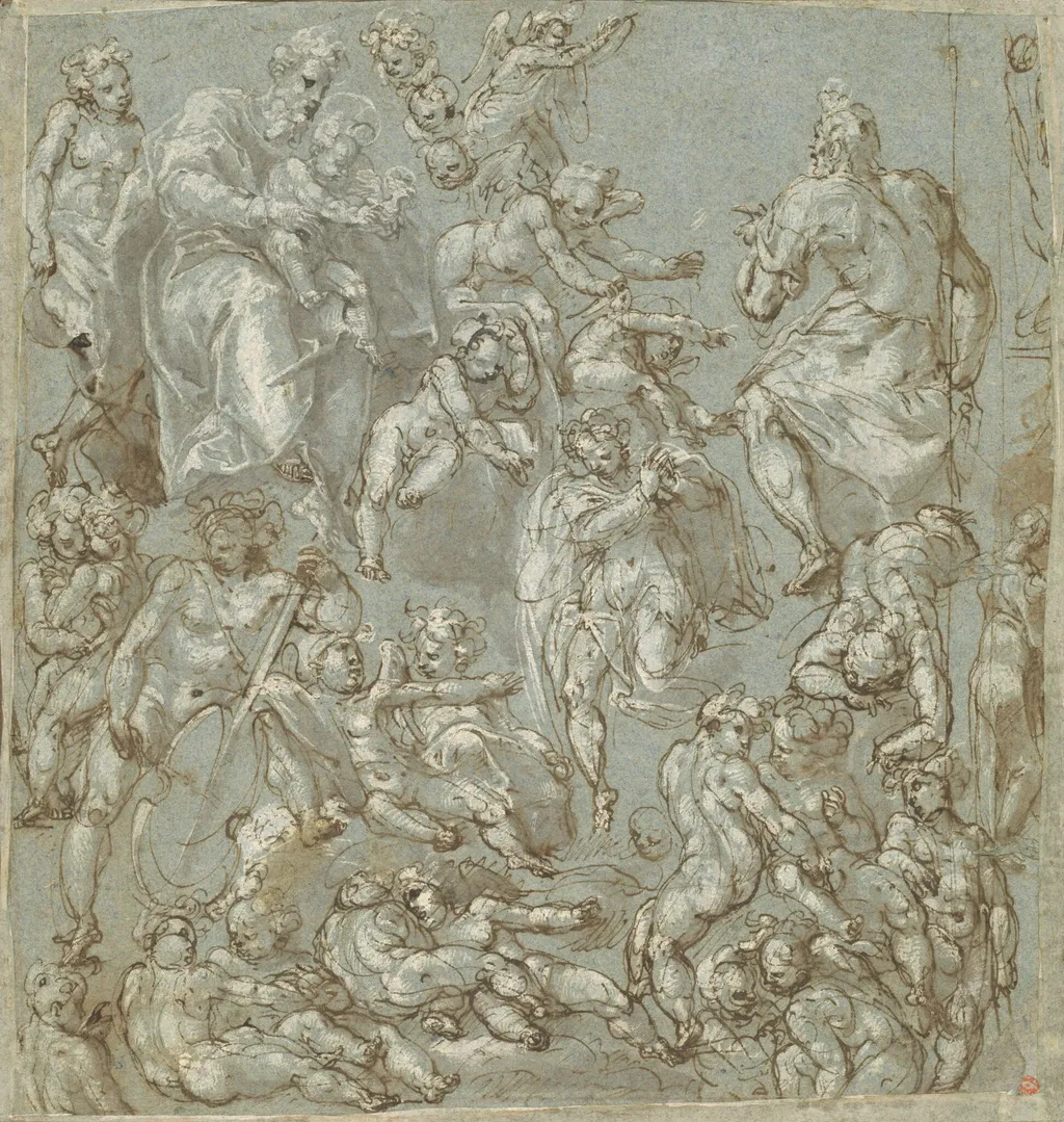 Saint Joseph and the Christ Child with Angels and Putti, by Cesare Pollini, ink, 1595
