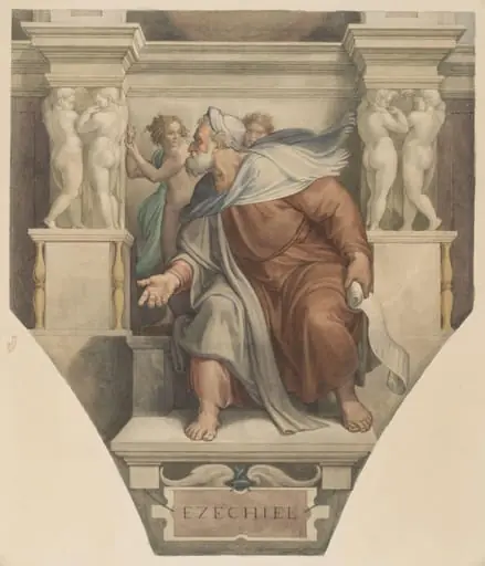 Copy after Michelangelo’s fresco of the ‘Prophet Ezekiel’ on the Sistine Chapel vault (Sistine Chapel, Rome, about 1511), by Cesari Mariannecci