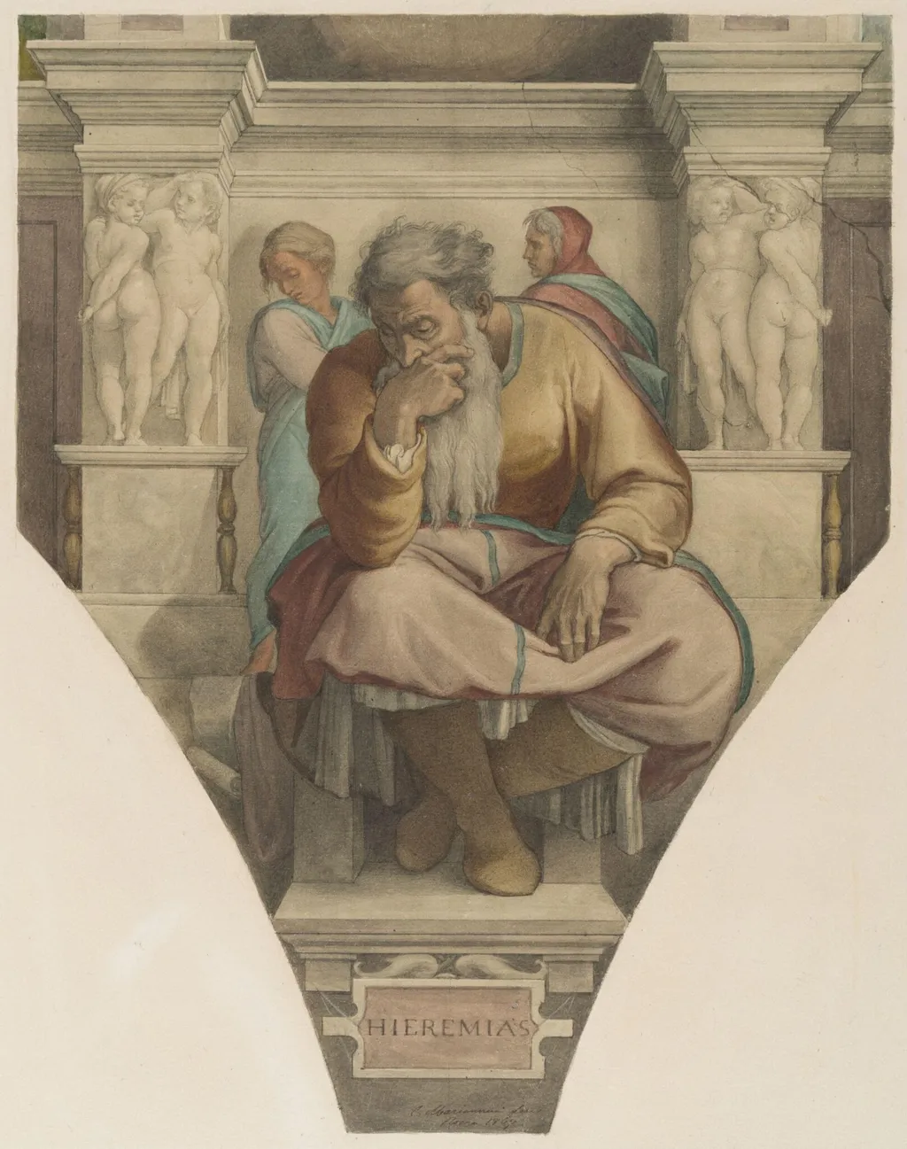 Copy after Michelangelo’s fresco of the ‘Prophet Jeremiah’ on the Sistine Chapel vault (Sistine Chapel, Rome, about 1512), by Cesari Mariannecci, watercolor, 1867