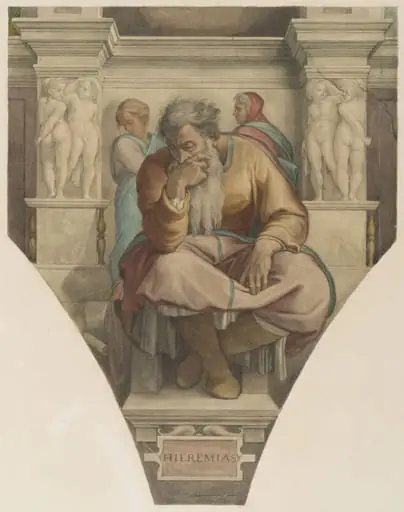 Copy after Michelangelo’s fresco of the ‘Prophet Jeremiah’ on the Sistine Chapel vault (Sistine Chapel, Rome, about 1512), by Cesari Mariannecci