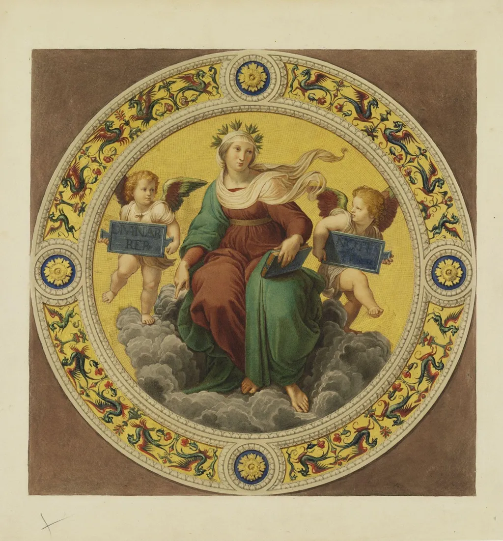 Copy after Raphael’s ceiling fresco representing ‘Theology’ in the Stanza della Segnatura (Vatican Palace, Rome,1508-09), 1864., by Cesari Mariannecci, watercolor, 1864