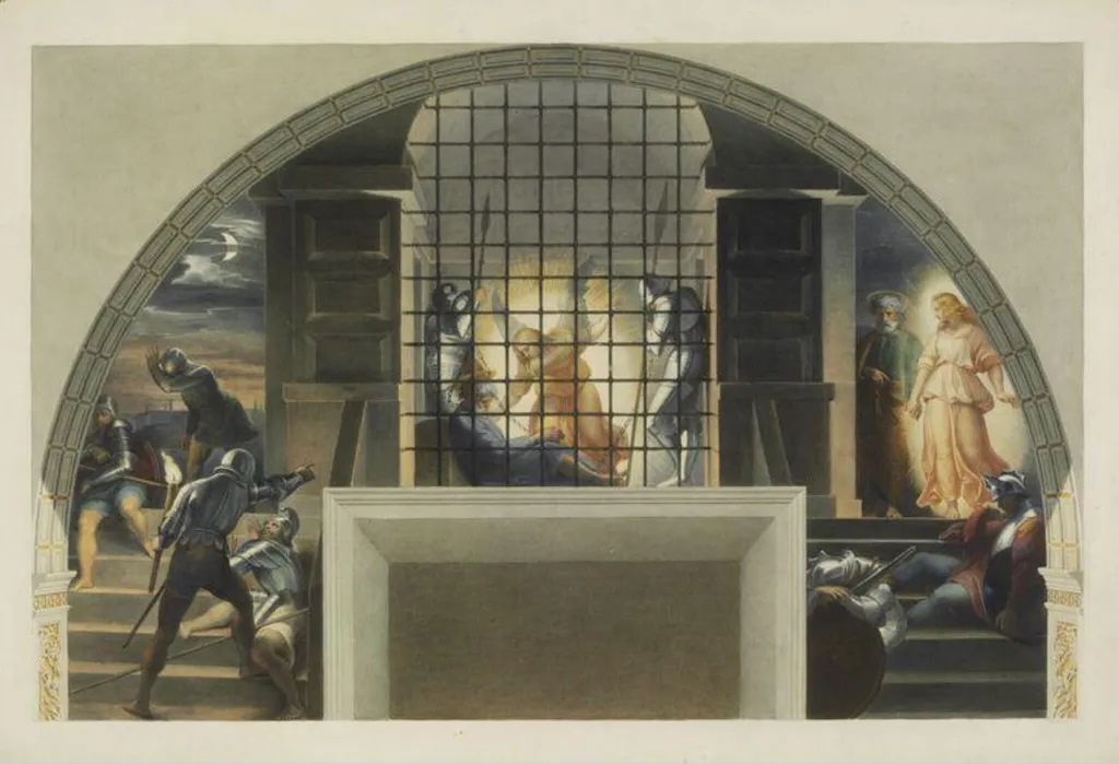 Copy after Raphael’s fresco representing the ‘Deliverance of St Peter from Prison’ in the Stanza di Eliodoro (Vatican Palace, Rome, 1511-12), 1864, by Cesari Mariannecci, watercolor, 1864