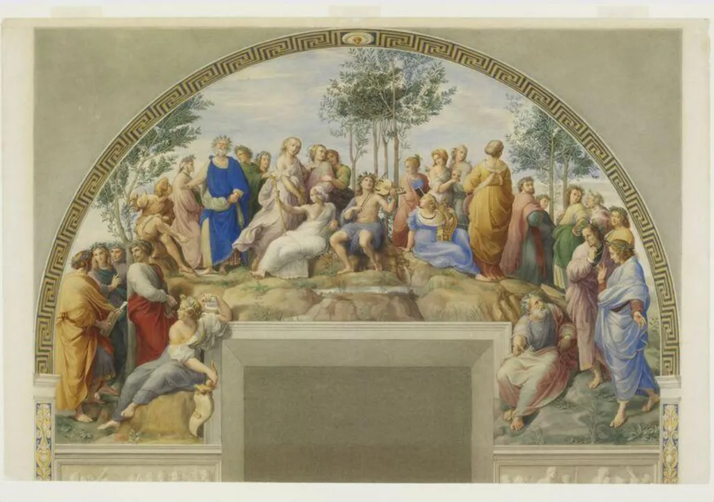 Copy after Raphael’s fresco representing the ‘Poets on Mount Parnassus’ in the Stanza della Segnatura (Vatican Palace, Rome, 1510-11), 1864-66, by Cesari Mariannecci, watercolor, 1865