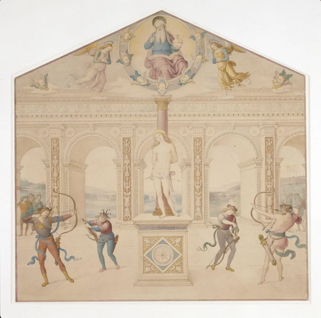 Copy after the painting Martyrdom of St Sebastian by Perugino in S. Sebastiano, Panicale., by Cesari Mariannecci, paint, 1856