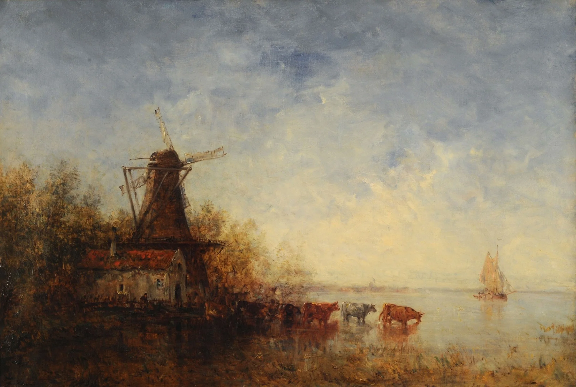 Windmill on riverbank, detail