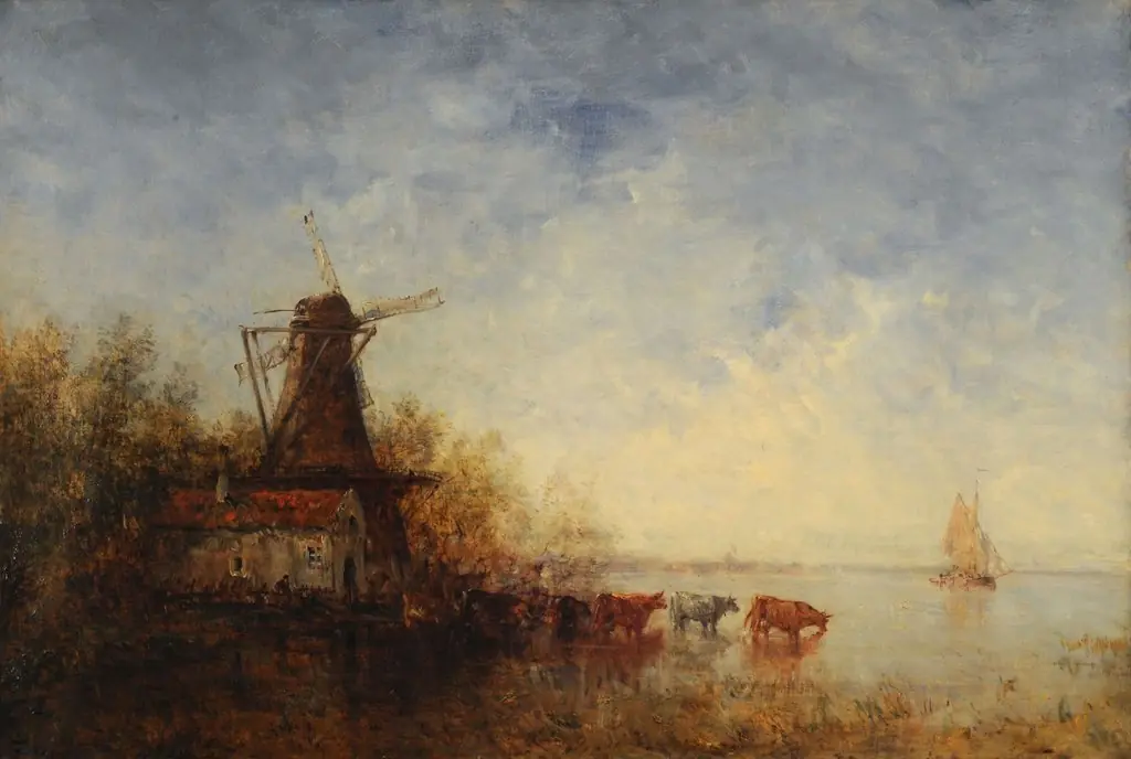 Windmill on riverbank, by Félix Ziem, oil, 1850