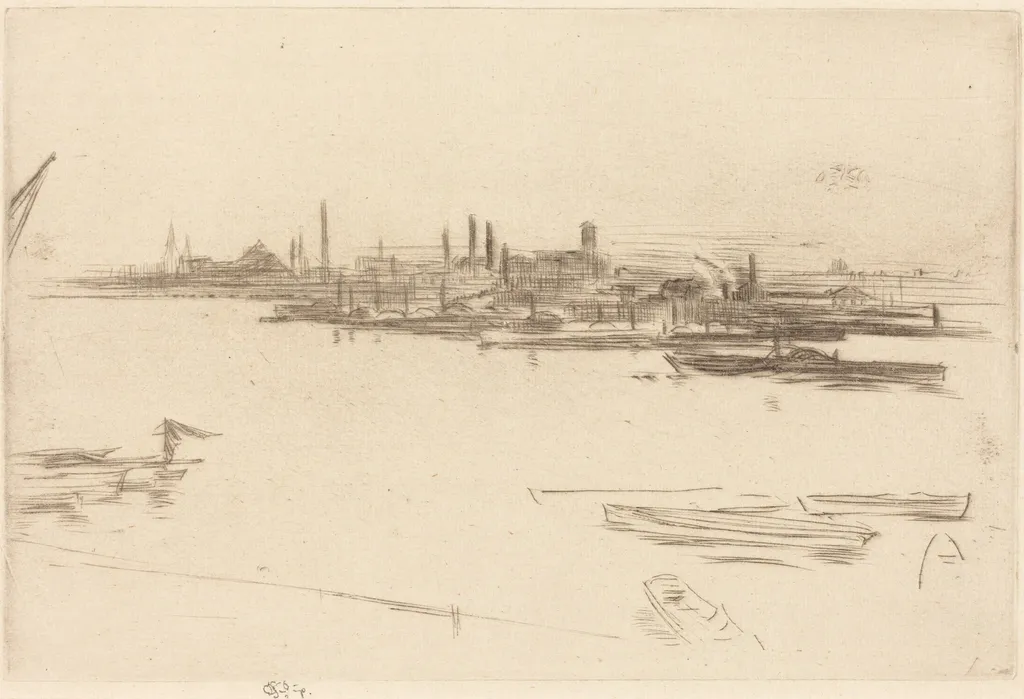 Battersea Morn, by James McNeill Whistler, ink, 1875