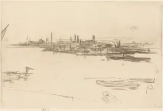 Battersea Morn, by James McNeill Whistler, ink, 1875