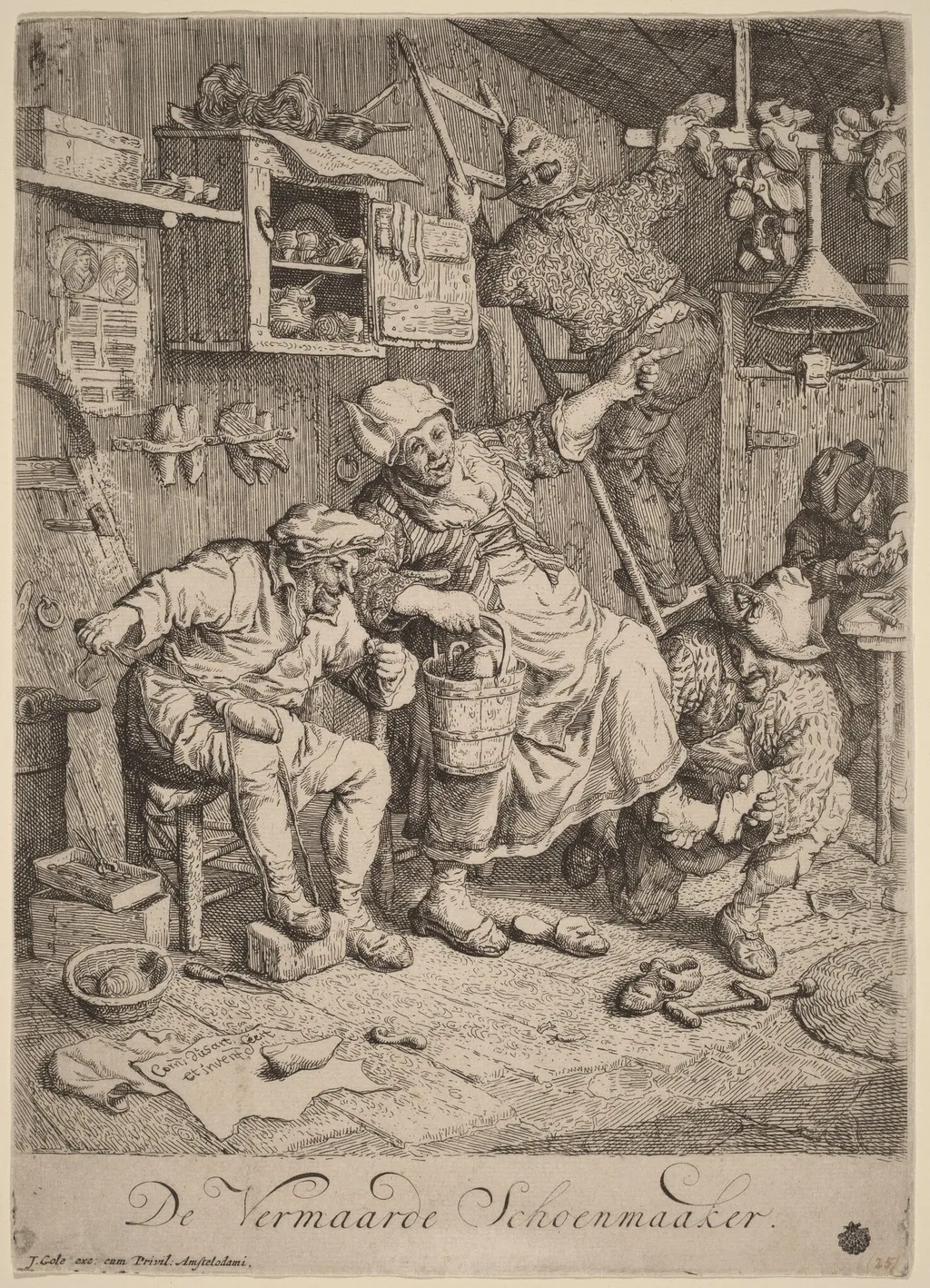 The Merry Shoemaker, by Cornelis Dusart, ink, 1695