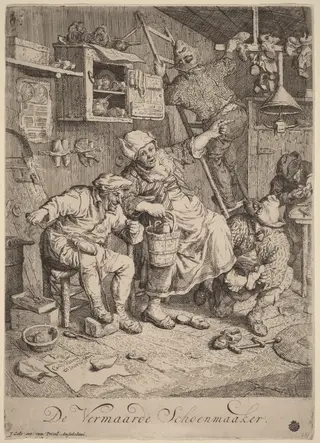 The Merry Shoemaker, by Cornelis Dusart, ink, 1695