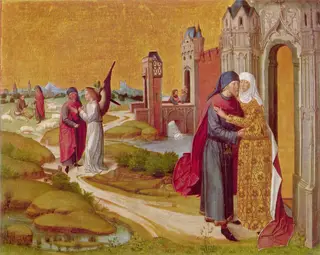 The Life of Mary: Joachim meets Anna at the Golden Gate; in the background the Annunciation of the birth of Mary to Joachim by an angel (verso: upper half of the Crucifixion of Christ), by Master of the Life of the Virgin, paint, 1460