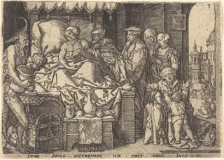 The Rich Man on His Death Bed, by Heinrich Aldegrever, ink, 1554