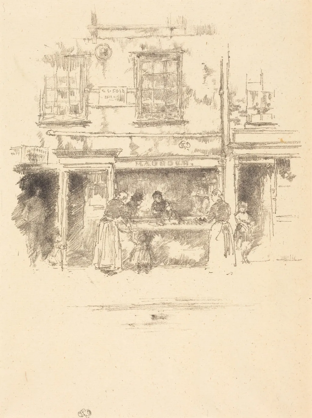 Maunder's Fish Shop, Chelsea, by James McNeill Whistler, ink, 1890