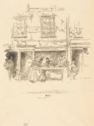 Maunder's Fish Shop, Chelsea, by James McNeill Whistler, ink, 1890