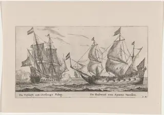 The "Vrijheijt," a Man-of-War and the "Hazewind," a Merchantman for Spain, by Nooms, called Zeeman, Reinier, ink, 1653