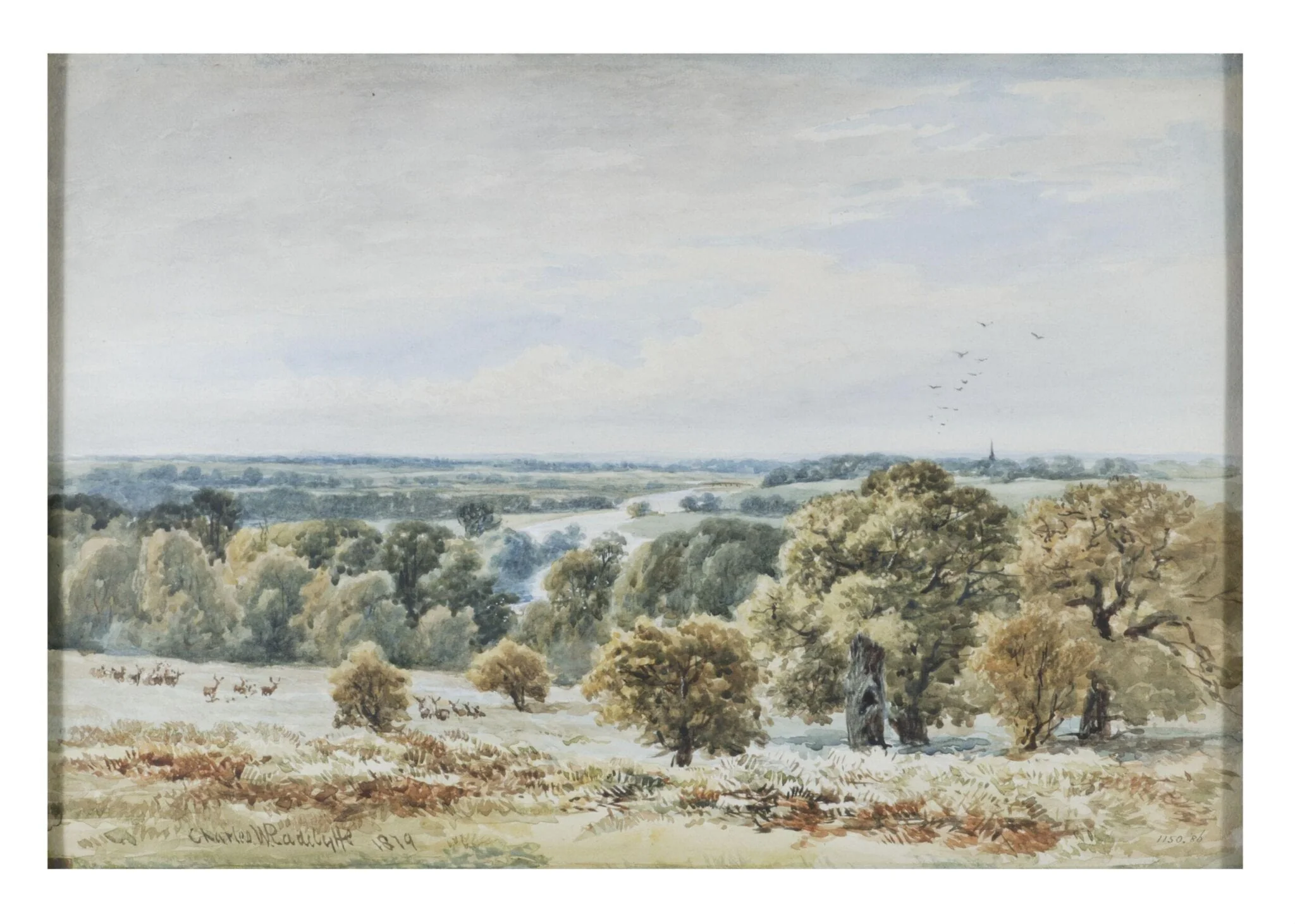 Park scene with deer and river, detail