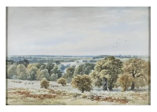 Park scene with deer and river, by Charles Walter Radclyffe, watercolor, 1879