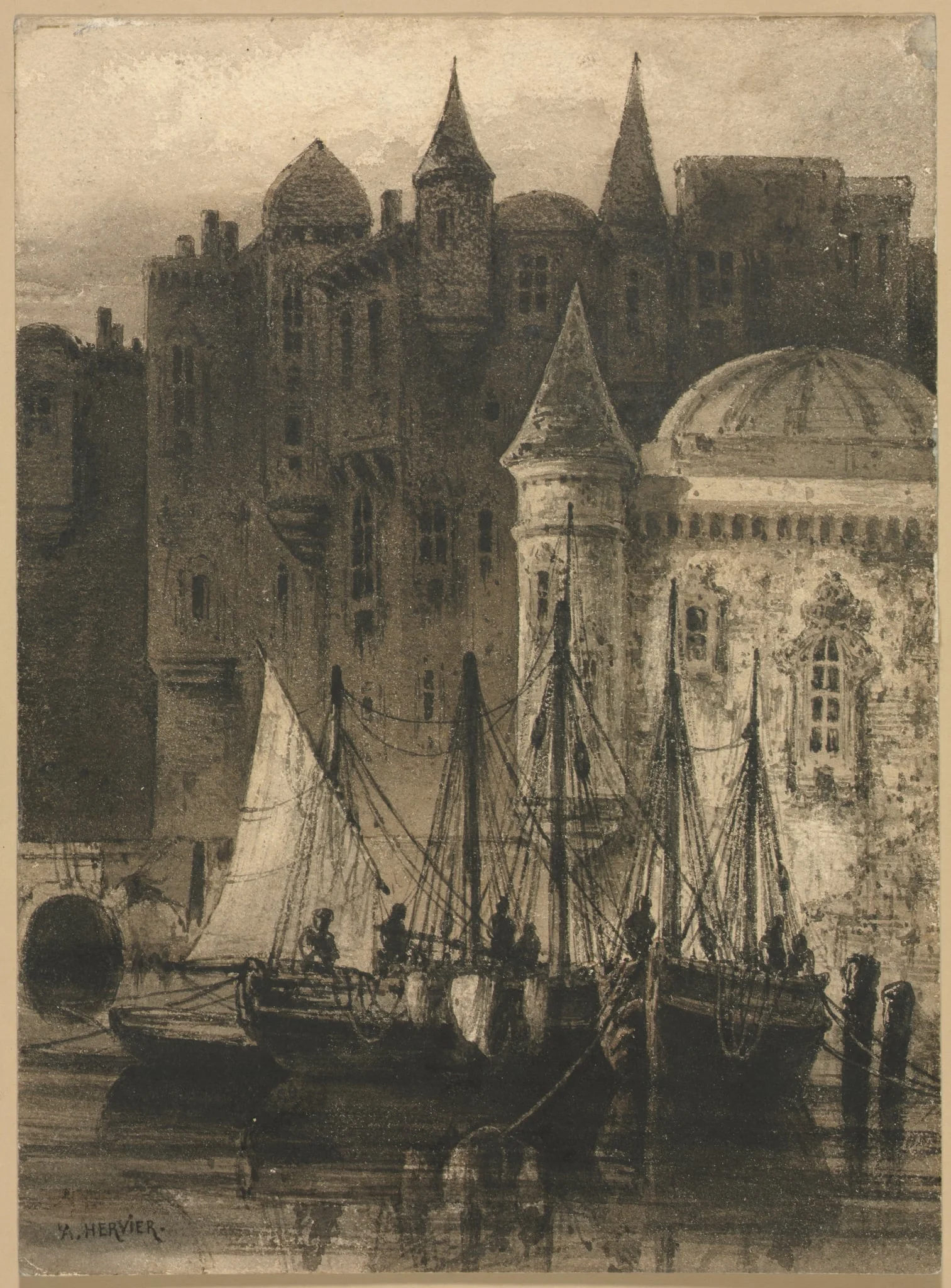 Harbor Scene with Boats and Castle, detail