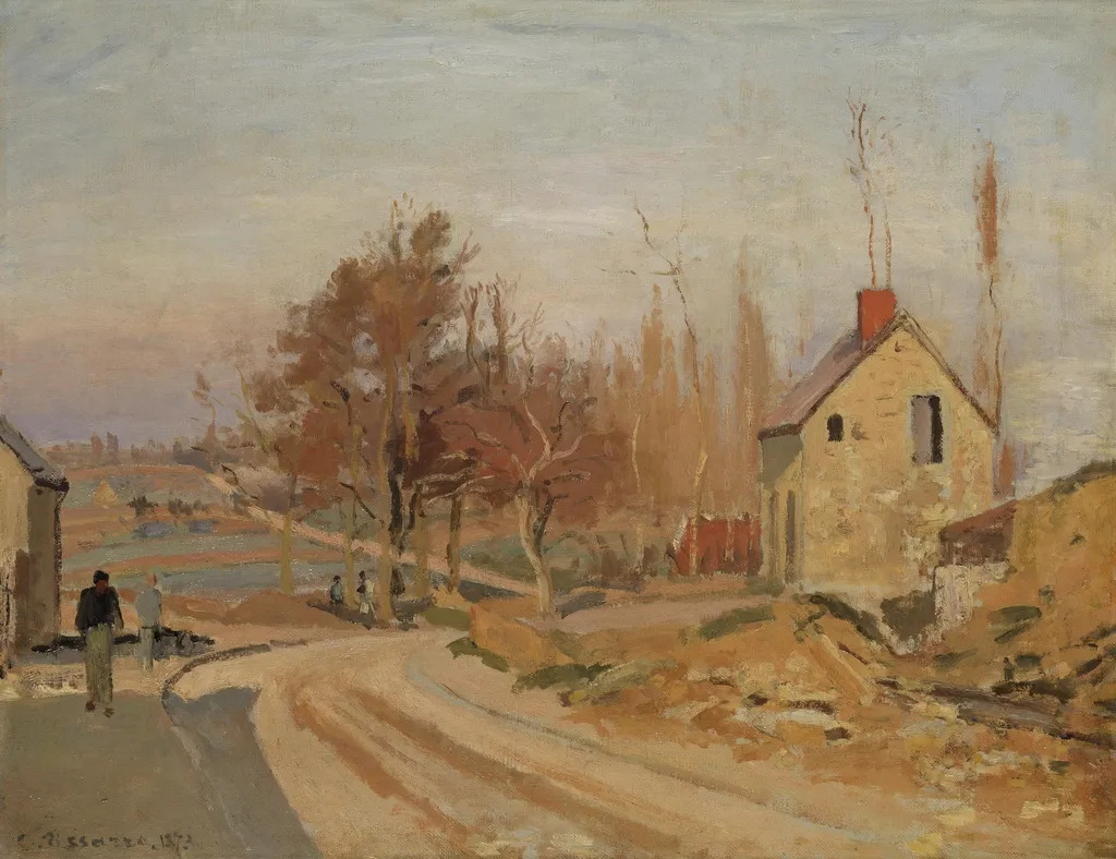 The Road to Osny at Pontoise, Hoar Frost, by Camille Pissarro, oil, 1873