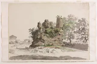 The So-Called Sepulcher of the Curiatii Brothers at Albano, with the Church of the Madonna della Stella in the distance at left, by Carlo Labruzzi, 1770