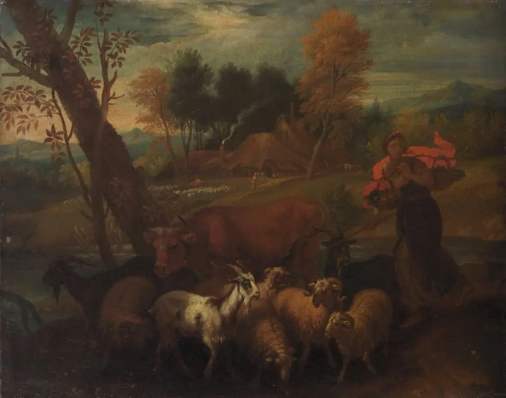 Landschaft mit Hirtin und Herde, by Pieter Mulier, unspecified, 1696
