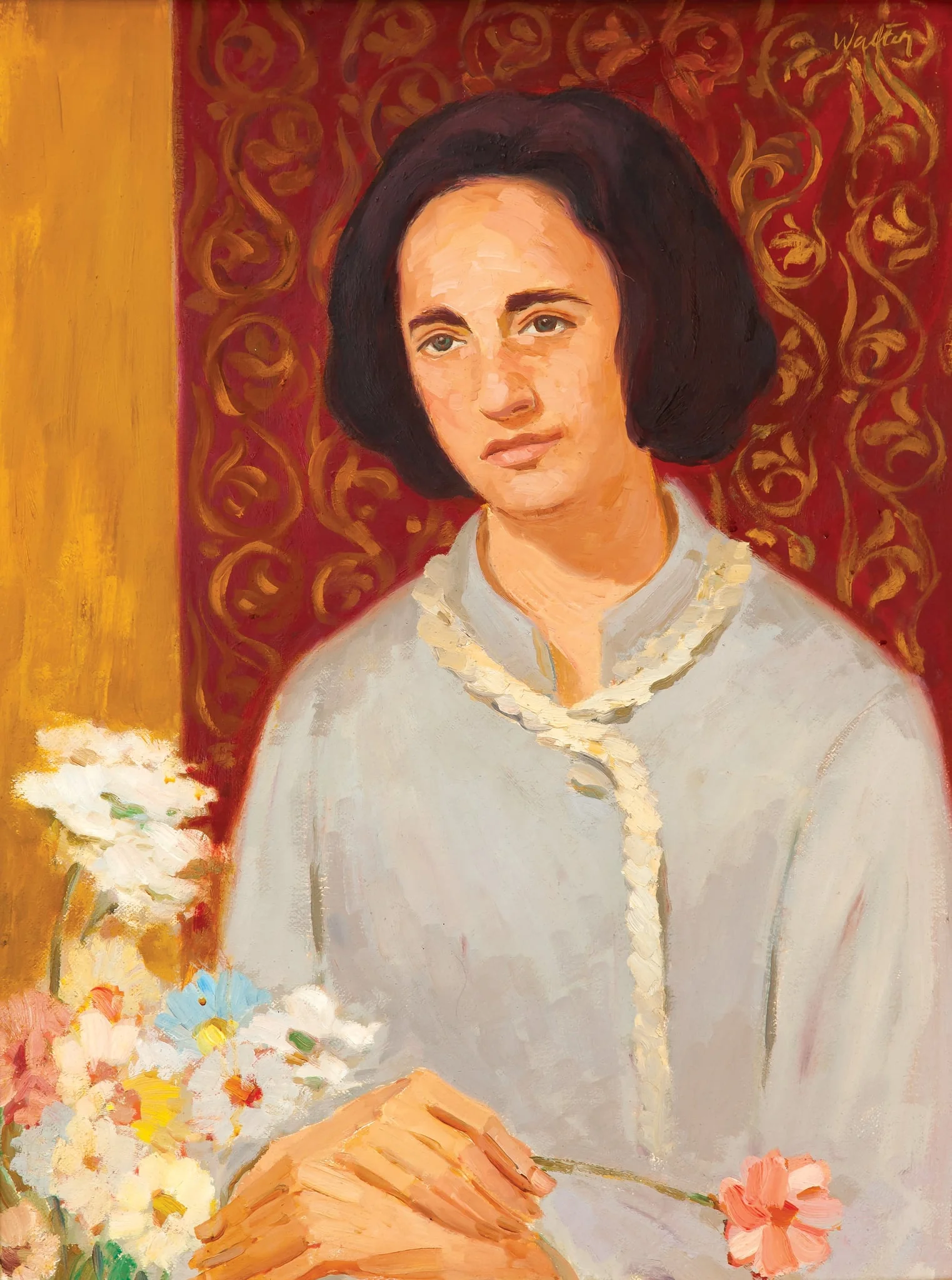 Tablou, ulei pe pânză, Portret Elena Ceaușescu, atribuit lui Fredric Bytoy. Elena Ceaușescu reprezentată înt-o atitudine melancolică alături de un buchet de flori. Comandat și oferit de Comitetul de Partid Maramureș, 7 ianuarie 1979., detail