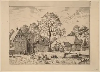 Farms with Draw Well, by Johannes van Doetechum the Elder, ink, 1560