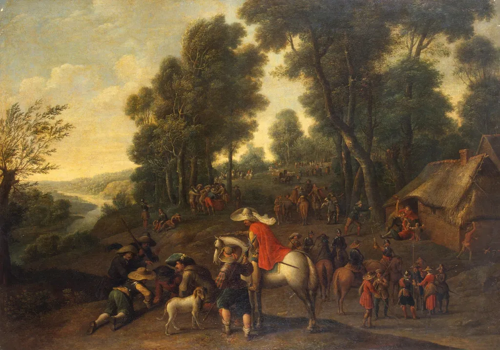 Halt of Horsemen in a Forest, by Peter Snayers, oil, 1657