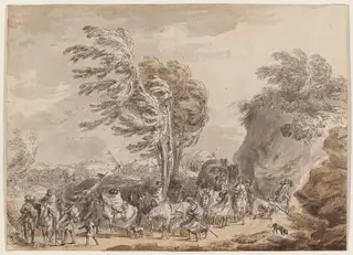 Soldiers in a Windy Landscape, by Jean-Baptiste Le Paon, chalk, 1774