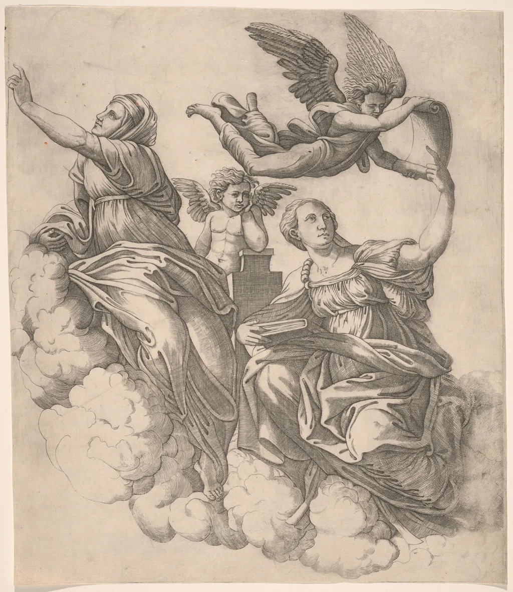 Two Sibyls and an Angel, by Giovanni Antonio da Brescia, ink