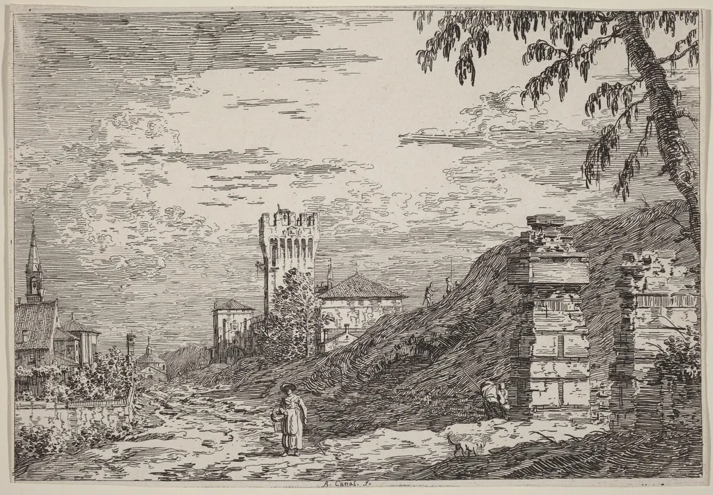 Landscape with Tower and Two Ruined Pillars, by Canaletto, ink, 1740