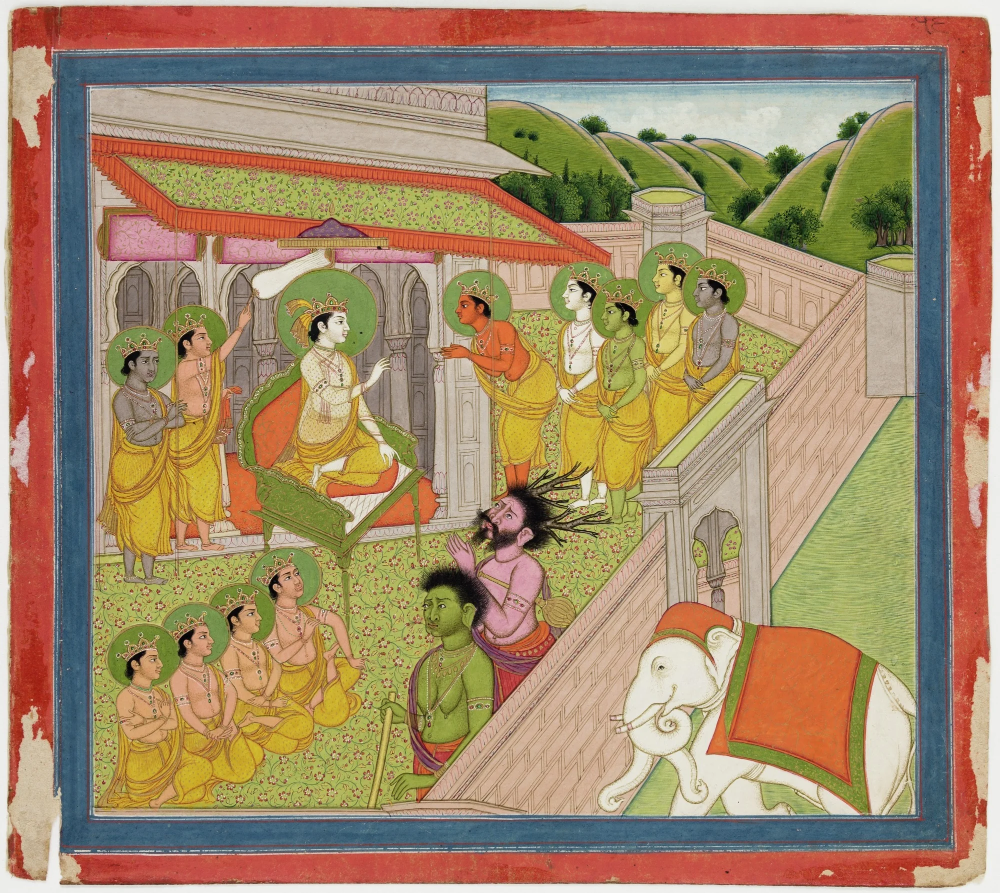Illustrations to Life of Dhurva Maharaj: #14 Indra, King of Heaven is very anxious and afraid that Dhurva may win his throne by power. He consults the other Dev Kings, detail